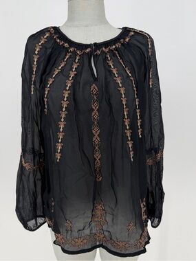 Lucky Brand Black Embroidered Sheer Boho Peasant Blouse Whimsigoth L Folk